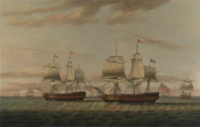Ein Indiaman und ein Zweidecker, gesagt zu sein Thomas Dumar, Esq. in H.M. Schiff Portland Lieferung...